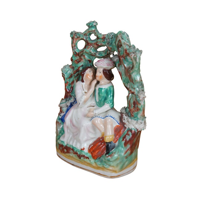 Antique 19th century Staffordshire porcelain flatback figurine depicting a pair of lovers / courting couple -...