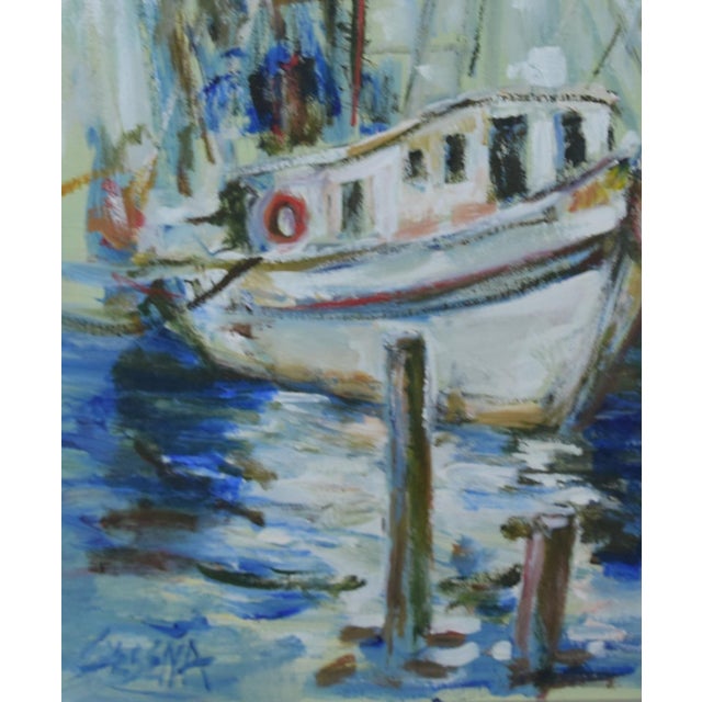 Vintage Nautical Sailboat at Harbor Dock Seascape Oil Painting Including the Antiqued Silver Wood Frame For Sale - Image 4 of 7
