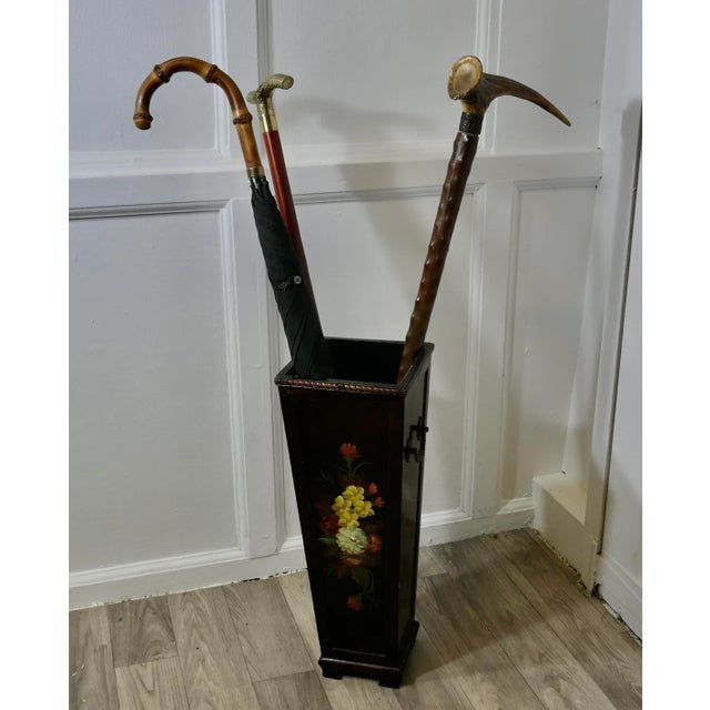 Folk Art Painted Stick Stand, Umbrella Stand This good looking piece is narrow in shape and decorated with flowers and...