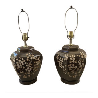 Cocoa Ginger Jar Lamps With Raised Floral Relief and Shades - a Pair For Sale