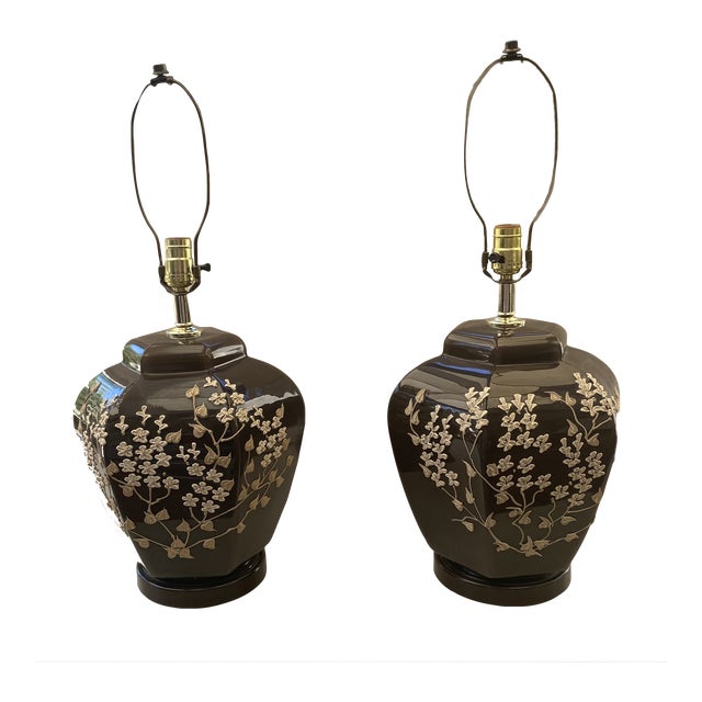 Cocoa Ginger Jar Lamps With Raised Floral Relief and Shades - a Pair For Sale