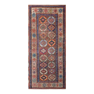 1900s Multicolor Hexagonal Antique Caucasian Kazak Rug 4' X 9' Handknotted Wool Carpet For Sale