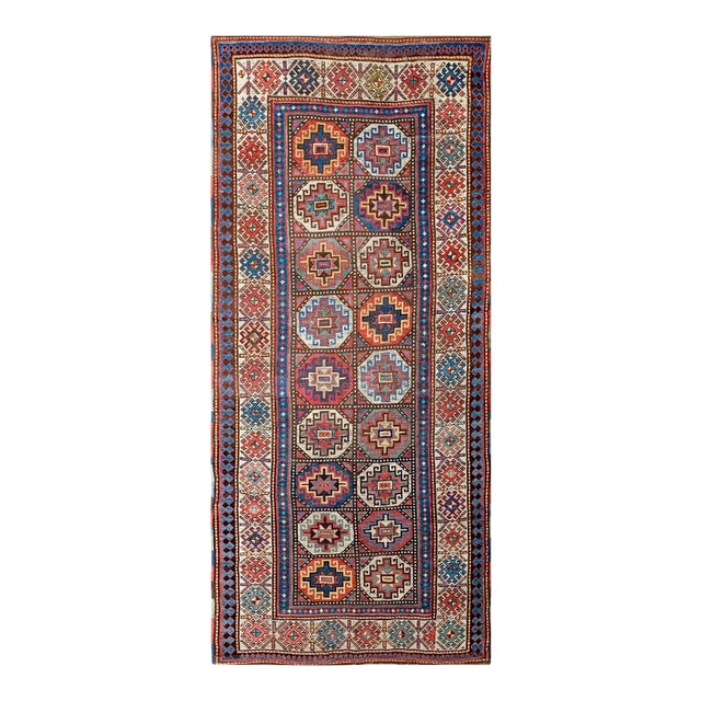 1900s Multicolor Hexagonal Antique Caucasian Kazak Rug 4' X 9' Handknotted Wool Carpet For Sale