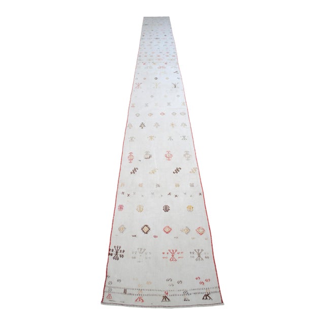 1950s Vintage Hand Woven Kilim Runner Rug Flat Weave Cotton Stair Runner - 2'2 X 22'6" For Sale