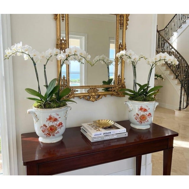 Vintage Floral Porcelain Cachepots With Gilded Rococo Handles For Sale - Image 9 of 12