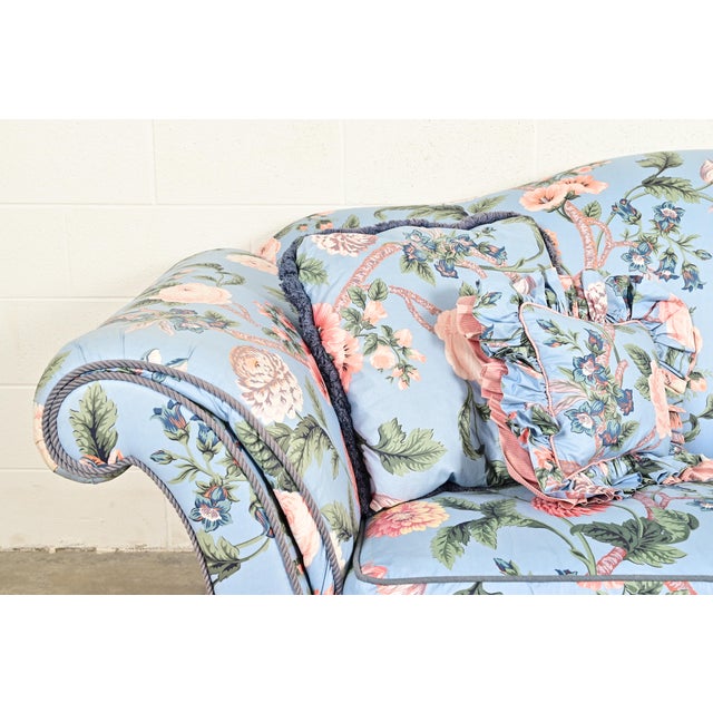 Blue Baker Furniture English Traditional Floral Upholstered Roll Arm Camelback Sofa For Sale - Image 8 of 15