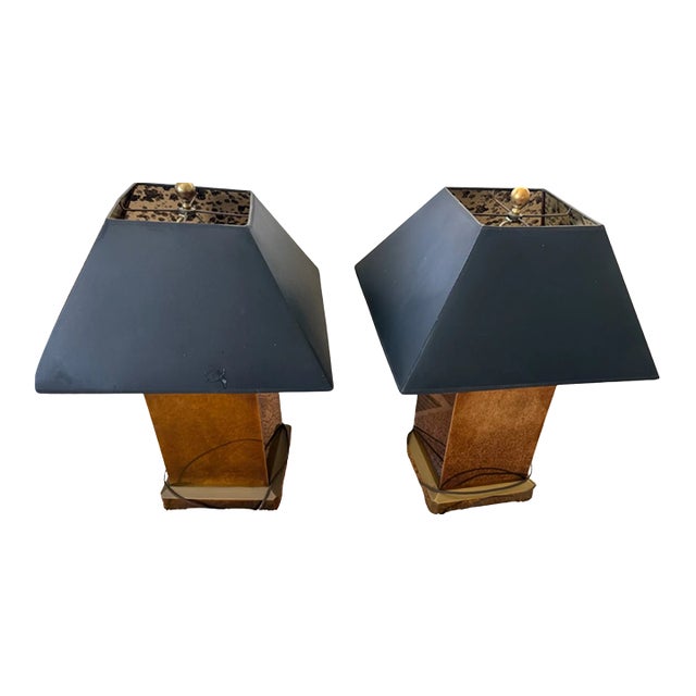1970s Chapman Mfg. Geometric Patinated Metal Table Lamps With Black Shades - a Pair For Sale