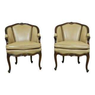 Pair Sherrill French Style Leather Mahogany Chairs For Sale