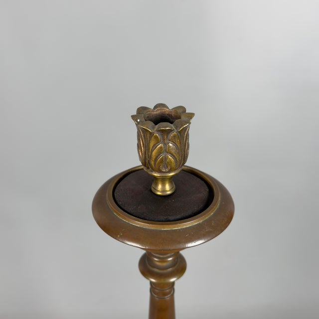 Antique Brass Candlestick with Wooden Base, 20th Century For Sale - Image 6 of 12