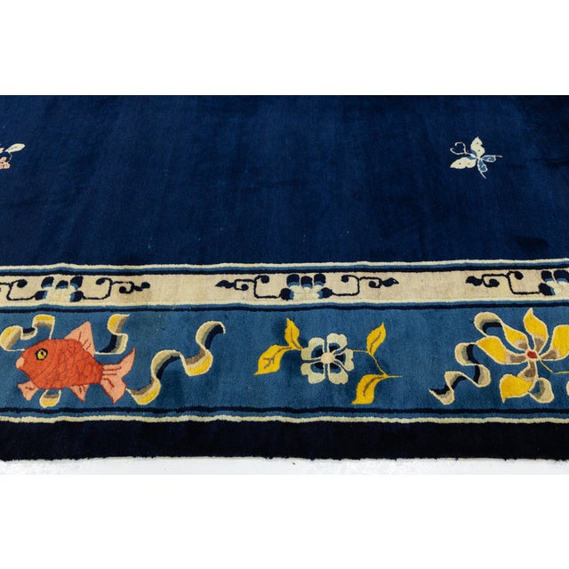 Textile Antique Chinese Art Deco Rug in Deep Blue With Medallion & Botanical Motifs For Sale - Image 7 of 13