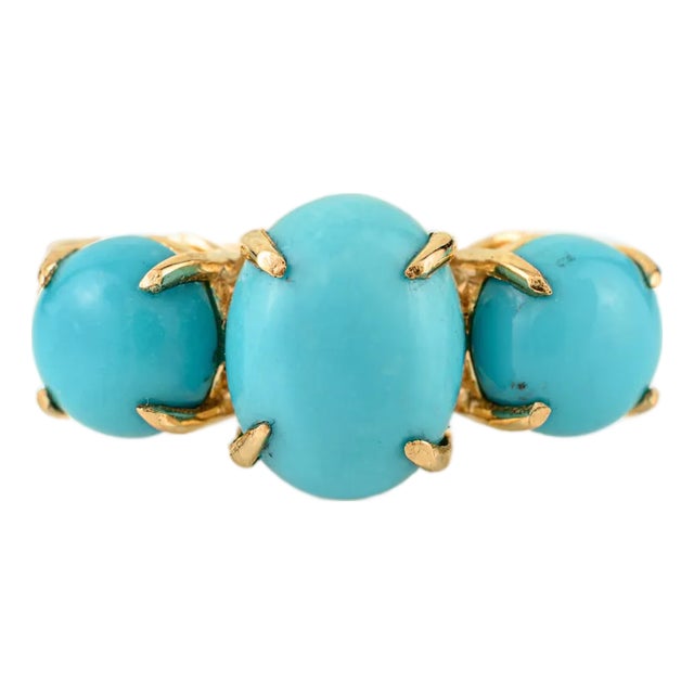 3.32 Ct Three Stone Turquoise Claw Set Engagement Ring in 14k Solid Gold Size 6.5 For Sale