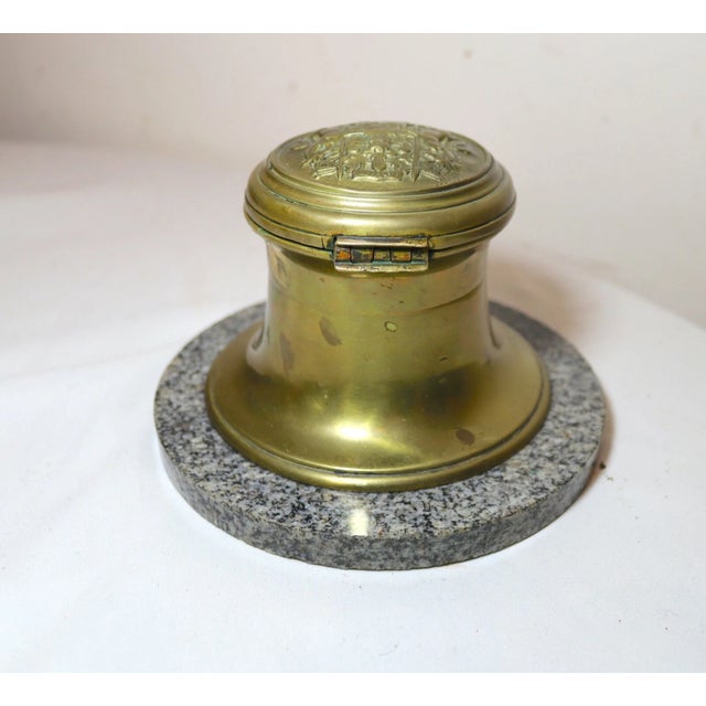 Large Antique British Coat of Arms Gilt Bronze Brass Marble Writing Desk Inkwell For Sale - Image 9 of 11
