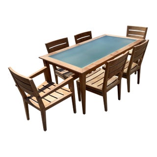 1990s Brown Jordan Mission Teak & Frosted Glass Outdoor Dining Set - 7 Pieces For Sale