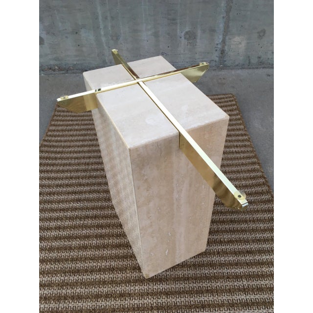 Artedi Brass-X Pedestal Glass End Table in Polished Travertine Italy For Sale - Image 12 of 13