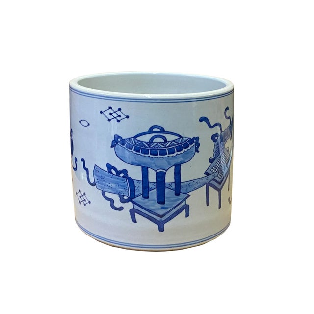 Ceramic Chinese Blue & White Porcelain Treasure Scenery Brush Holder Pot For Sale - Image 7 of 7