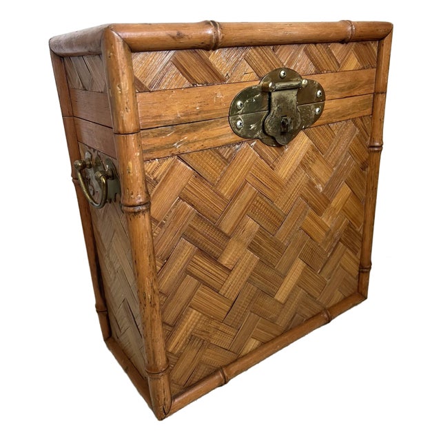 Vintage Woven Rattan Filing Box With Brass Handles For Sale