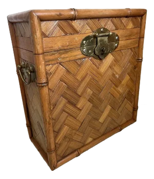 Vintage Woven Rattan Filing Box With Brass Handles