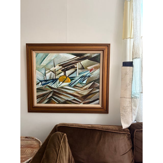 Largescale artwork in a cubist style. Abstract imagery that resembles folded paper or waves. Coloring is warm earth tones...