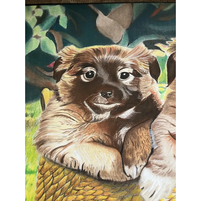 1970s 1970’s Original Pastel Drawing 2 Puppies in Basket in Garden Signed For Sale - Image 5 of 5