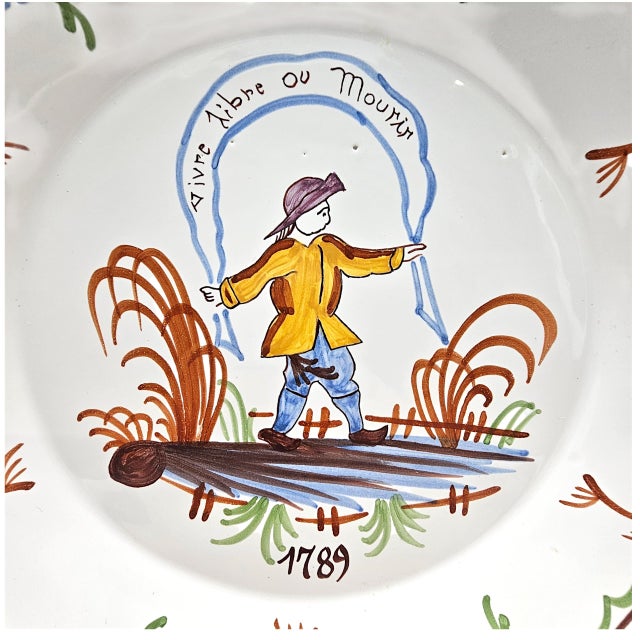French Peint Main Faience Plate With Folk Figure, 9.25" For Sale In San Francisco - Image 6 of 12