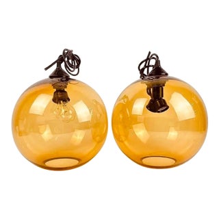 Amber Smoked Glass Globe Pendant Lights - a Pair For Sale