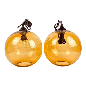Amber Smoked Glass Globe Pendant Lights - a Pair
