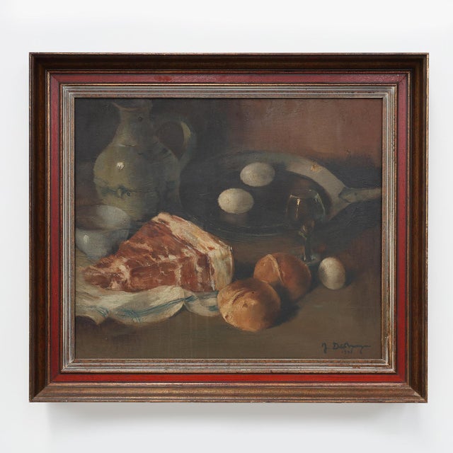J. De Bruyne, Realist Still Life with Ham, Eggs and Bread, 1920s, Oil on Canvas For Sale - Image 11 of 11