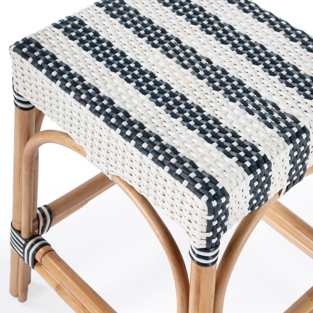 Navy Blue Robias 24.5 in. Seat Height Rectangular Rattan Backless Counter Stool with Footrest, White/Navy Stripe/ Natural Rattan Frame For Sale - Image 8 of 9