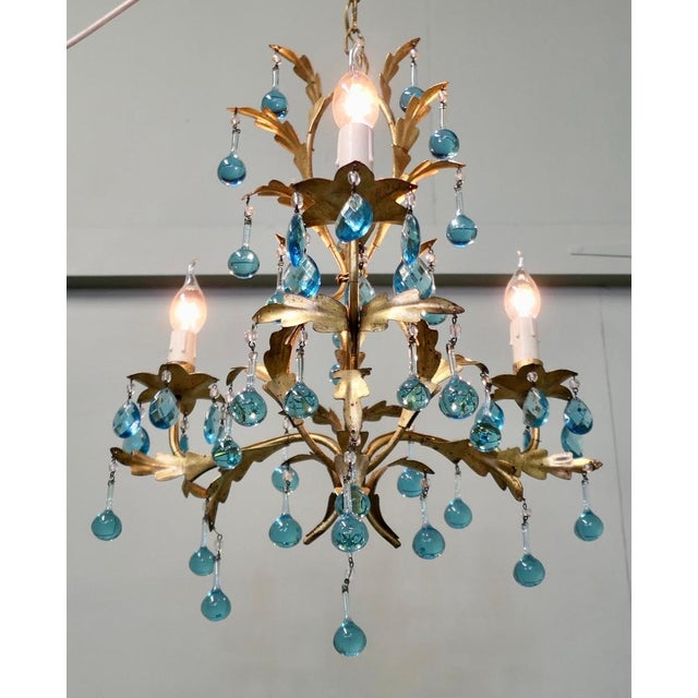 Vintage French Turquoise Crystal and Tolewear Chandelier, 1920 For Sale - Image 4 of 9