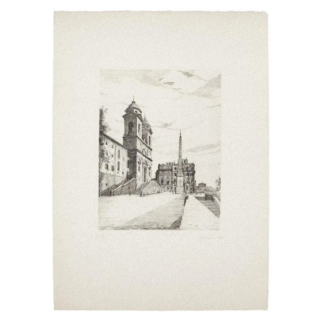 Spanish Steps is an original etching realized by Giuseppe Malandrino. Hand-signed by the artist in pencil on the lower...