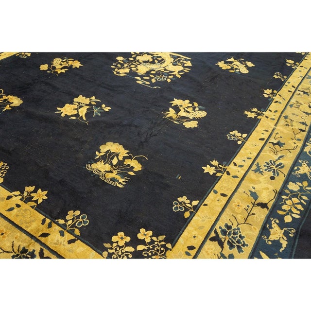 1920s Traditional Navy Blue Floral Antique Peking Knotted Room Size Wool Rug For Sale - Image 4 of 8