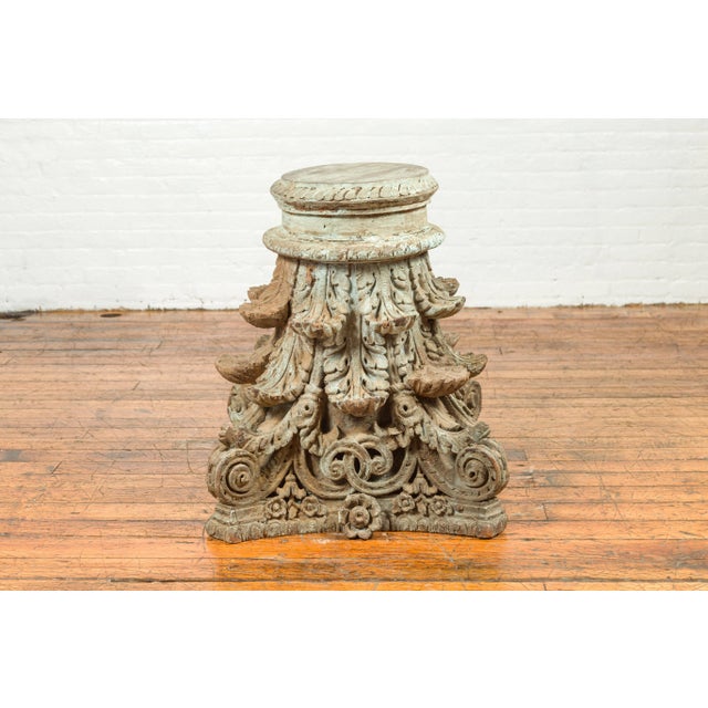 Indian Antique Corinthian Temple Capital Carving with Distressed Patina For Sale - Image 12 of 13