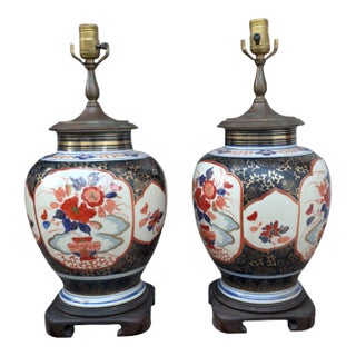 Mid 20th Century Wildwood Japanese Imari Ginger Jar Hand-Painted Porcelain Gilted Orange Blue Lamp For Sale