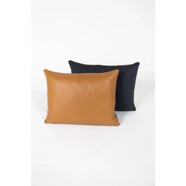 Contemporary Tan Leather + Blue Contrast Pillow For Sale - Image 4 of 7