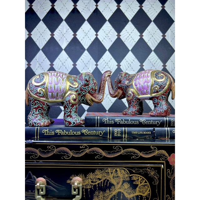 1980's Pair Decorative Ceramic Elephant Figurines in Burgundy, Pink & Gold Chinoiserie, Export Marks For Sale - Image 14 of 16