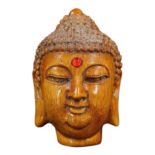 Vintage Hand Carved Ox Horn Buddha Head Statue, Red Gem Urna Inlay, Chinoiserie Buddhist Decorative Sculpture For Sale