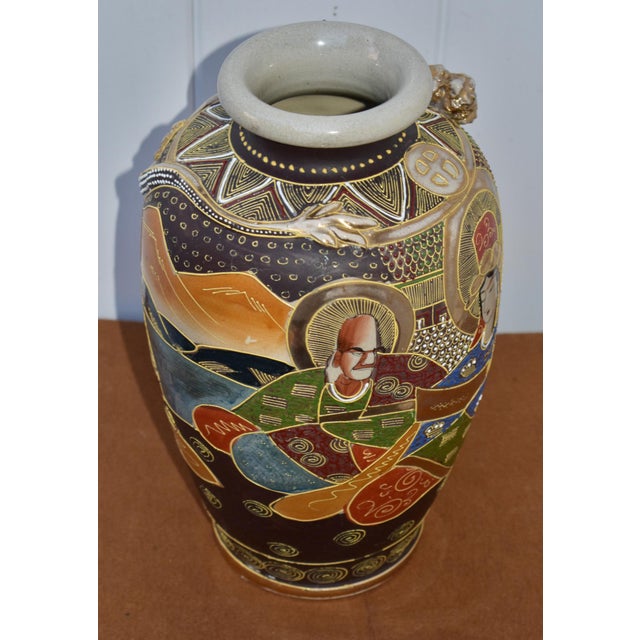1940s Vintage Japanese Satsuma Moriage Vase Kannon Goddess & Rakan Dragon For Sale - Image 5 of 14