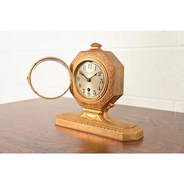 Early 20th Century Tiffany Studios New York Arts & Crafts Bronze Doré Desk Clock or Mantel Clock, Circa 1910 For Sale - Image 5 of 14