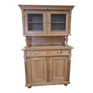 Antique European Pine Kitchen Dresser Hutch With Wire Mesh Doors