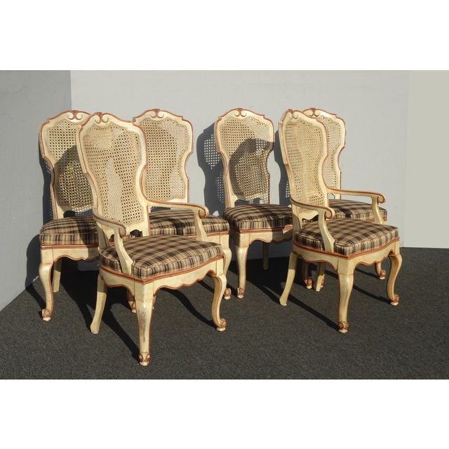 Set of Six Vintage French Country Cane Back Dining Chairs W Brown Plaid