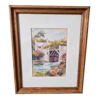 1970s Joan Forbes 'Somerset Bridge' Bermuda Lithograph in Wood Frame For Sale
