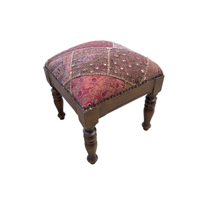 Vintage Stool/Footstool Upholstered W/Kutchi Indian Banjara Fabric With Mirrors 15" H For Sale - Image 4 of 9