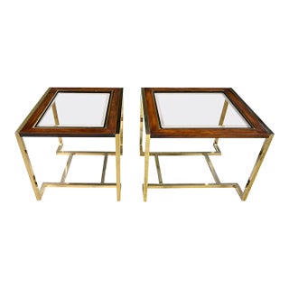 Modern End Tables 2 Sizes Brass Plated Dark Wood & Smoked Glass Rectangles by Thomasville Furniture Style of Milo Baughman, a Pair For Sale