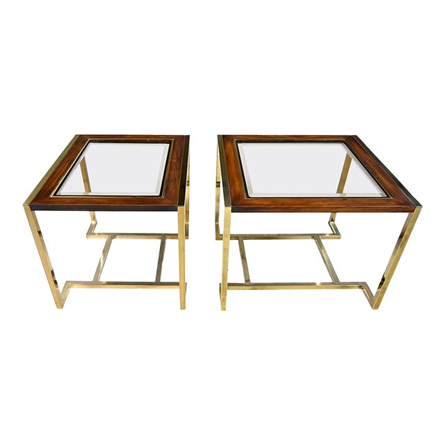 Modern End Tables 2 Sizes Brass Plated Dark Wood & Smoked Glass Rectangles by Thomasville Furniture Style of Milo Baughman, a Pair For Sale