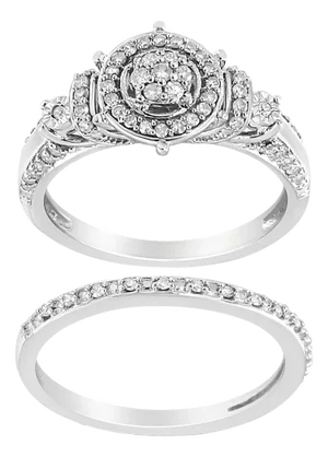 .925 Sterling Silver 1/3 Cttw Diamond 7 Stone Cluster and Halo Engagement Ring and Wedding Band Set (I-J Color, I1-I2 Clarity) - Size 5