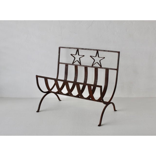 Rustic Western Style Wrought Iron Fireplace Log Holder Open Stars Cutouts Detail Vintage For Sale In Miami - Image 6 of 13