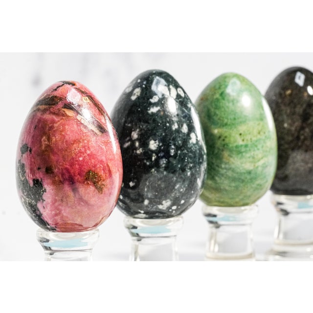 Collection Vintage Stone Specimen Egg 9 Polished Gemstone Eggs Display Stands Geological Mineral Display Cabinet of Curiosities Home Decor For Sale - Image 4 of 18