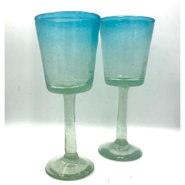 Tall Hand Blown Aqua Ombre Art Glass Goblets - A Pair For Sale In New York - Image 6 of 6