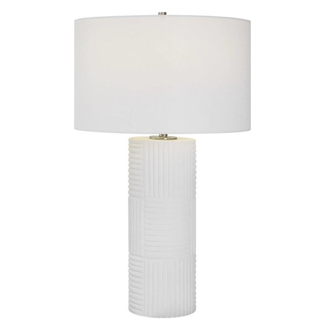 This Cylinder Ceramic Table Lamp Features Alternating Linear Ridges Finished In A Stylish Satin White Glaze With Brushed...