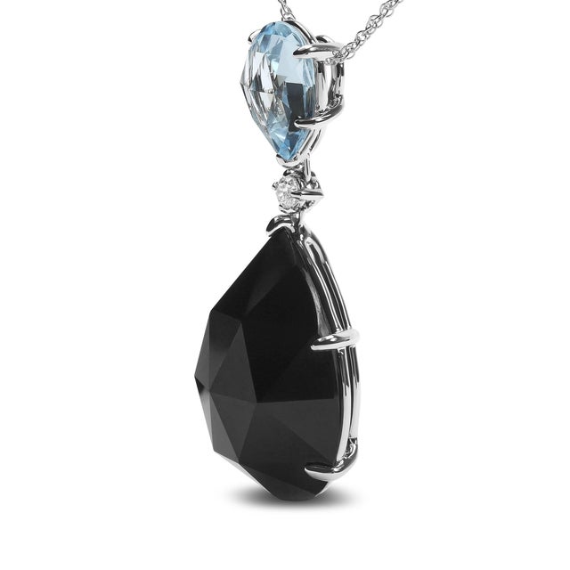 Contemporary 18K White Gold Diamond Accent and Pear Cut Sky Blue Topaz and Pear Cut Black Onyx Dangle Drop 18" Pendant Necklace (G-H Color, SI1-SI2 Clarity) For Sale - Image 3 of 5